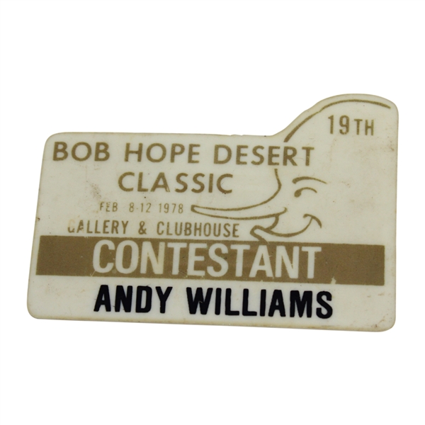 Andy Williams Personal Used 1978 Bob Hope Desert Classic Contestant Badge - Linn Strickler Collection