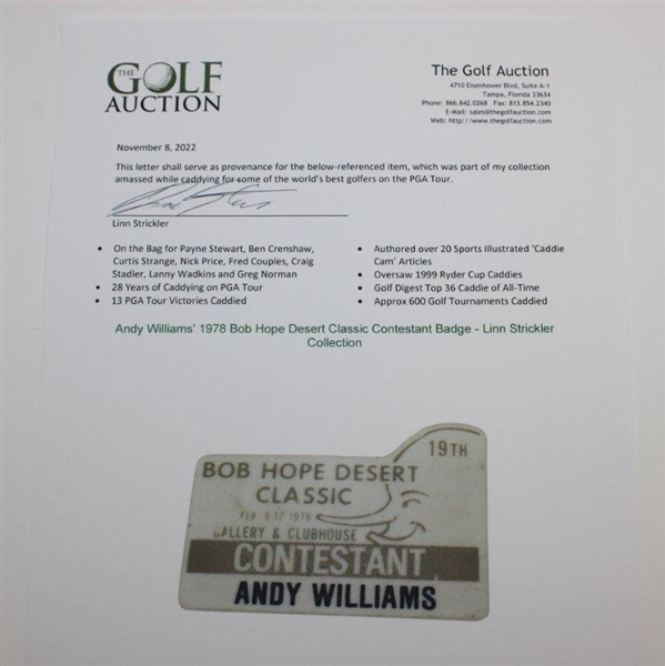 Andy Williams' Personal Used 1978 Bob Hope Desert Classic Contestant Badge - Linn Strickler Collection