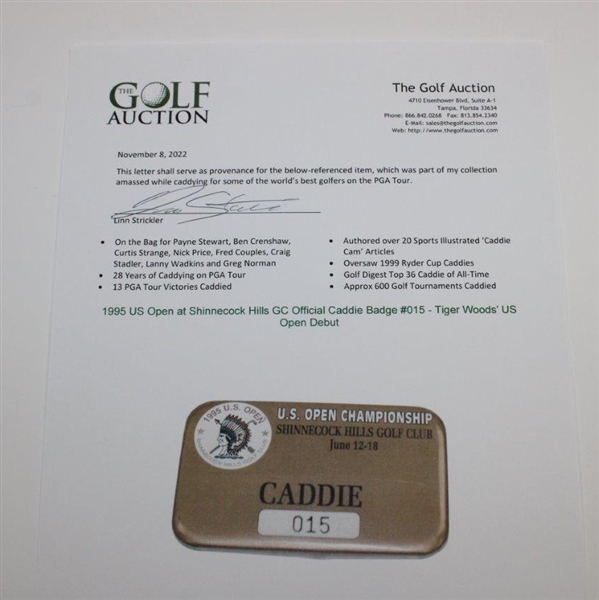 1995 US Open at Shinnecock Hills GC Official Caddie Badge #015 - Tiger Woods' US Open Debut