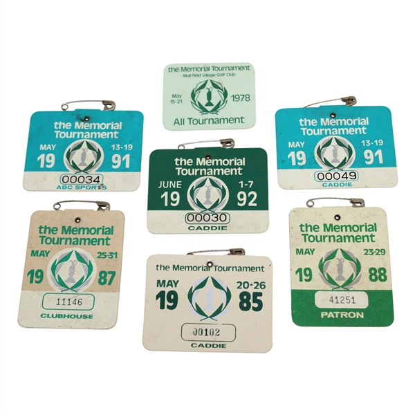 1978, 1985, 1987, 1988, 1991(x2) & 1992 The Memorial Tournament Official Badges - Linn Strickler Collection