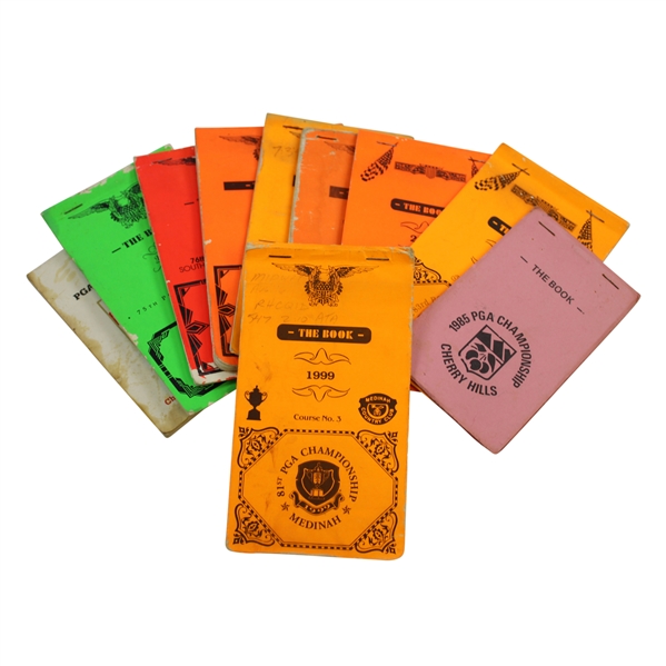 Ten (10) PGA Championship Used Official Yardage Books incl. 1999 & 2000 Tiger Wins - Linn Strickler Collection