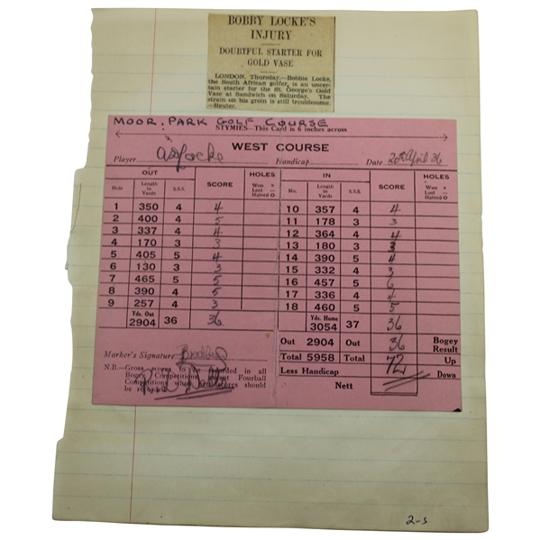 Bobby Locke Used Scorecard at Moor Park from Lockes Personal Scrapbook 