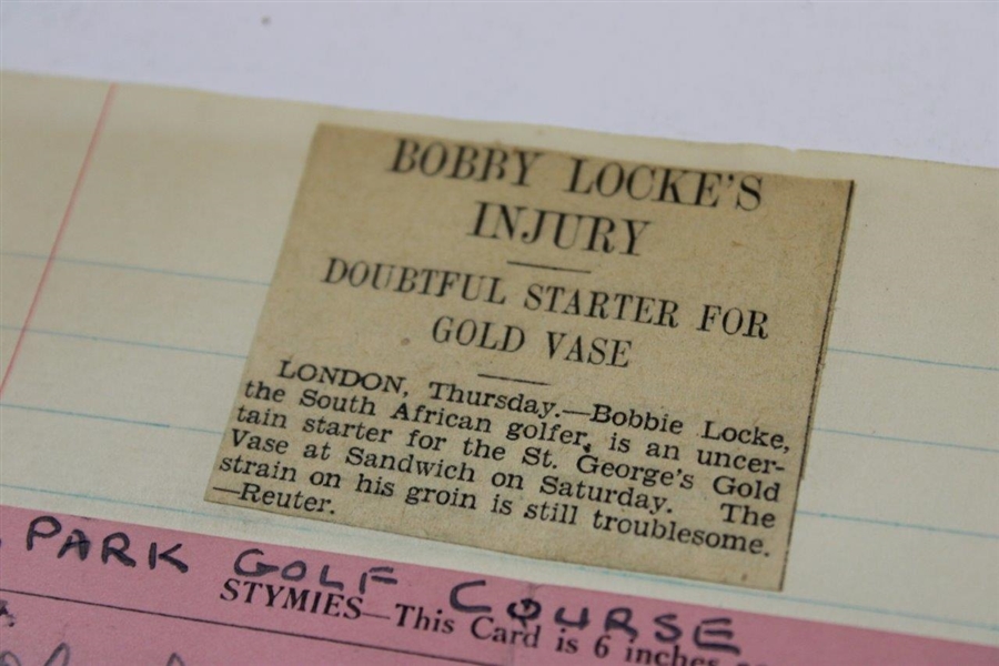 Bobby Locke Used Scorecard at Moor Park from Locke's Personal Scrapbook 