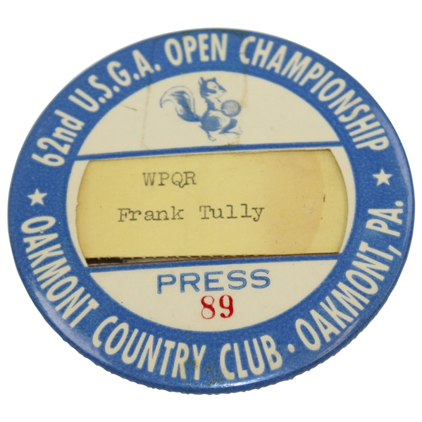 1962 US Open at Oakmont Press Badge #89 w/ Name Insert - Jacks 1st Professional Win