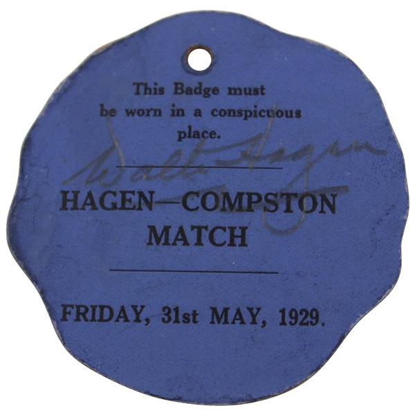 Walter Hagen Signed 1929 Moor Park Golf Club Member Exhibition Badge JSA ALOA
