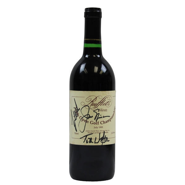 Tiger Woods, Jack Nicklaus, & Watson Signed 1995 OPEN Championship Wine Bottle JSA ALOA