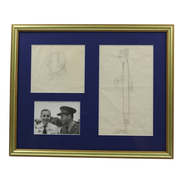 Henry Cotton Signed 1941 Photo Plus Two Original Sketches - Framed JSA ALOA