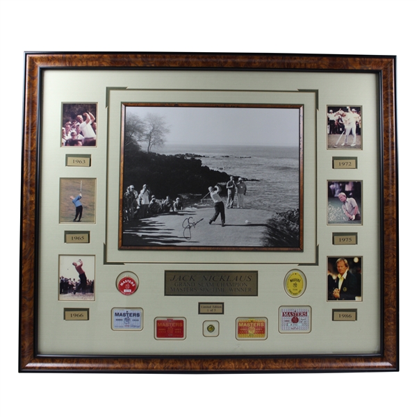 Jack Nicklaus Signed Tee-Off B&W Photo w/Facsimile Masters Badges & Photos Display JSA ALOA
