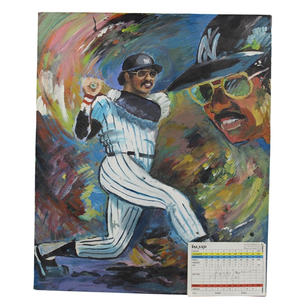 Reggie Jackson Signed Scorecard with Original Oil on Canvas Painting JSA ALOA
