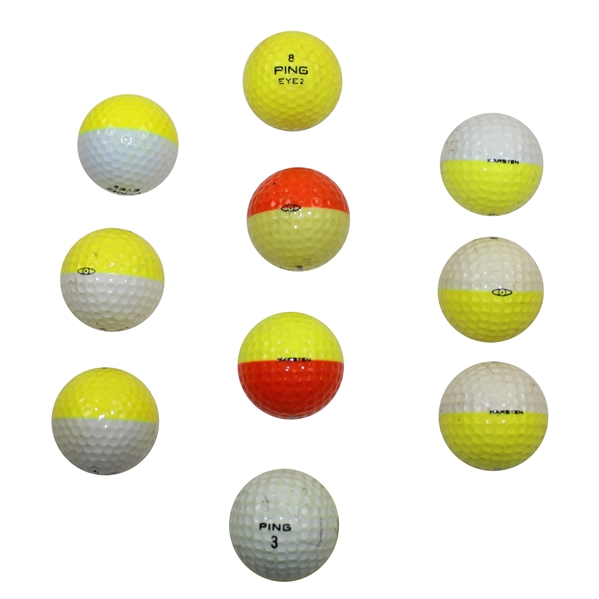 Ten (10) PING Two-Tone Colored Golf Balls - Yellow/White/Orange