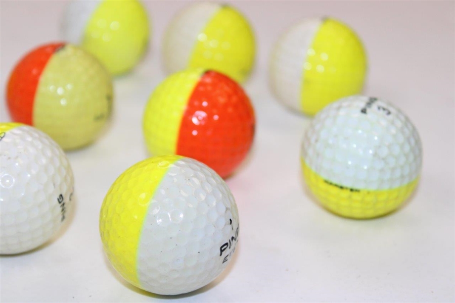 Ten (10) PING Two-Tone Colored Golf Balls - Yellow/White/Orange