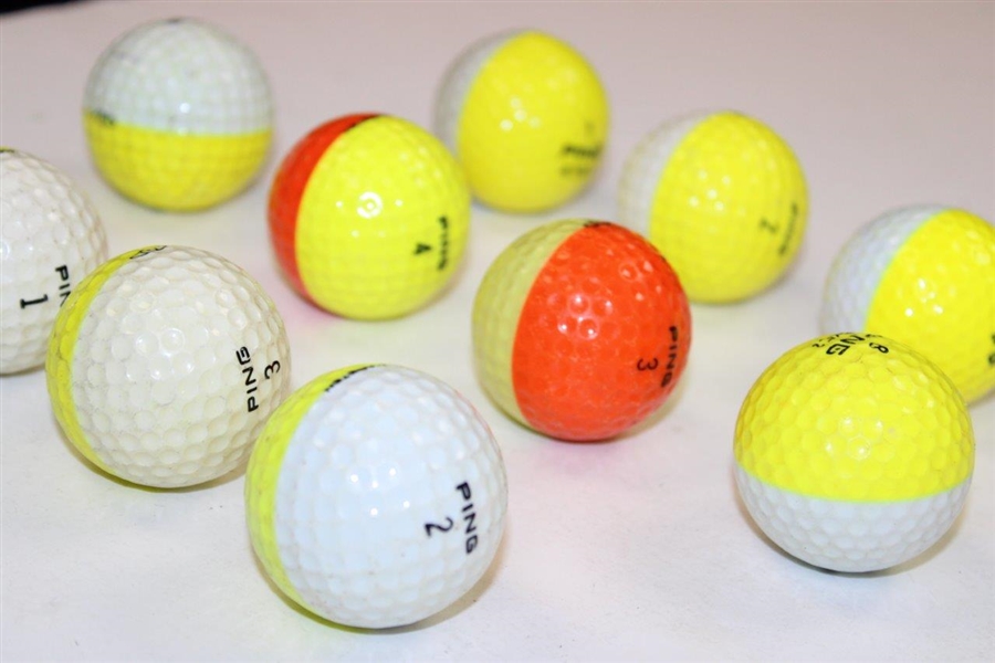 Ten (10) PING Two-Tone Colored Golf Balls - Yellow/White/Orange