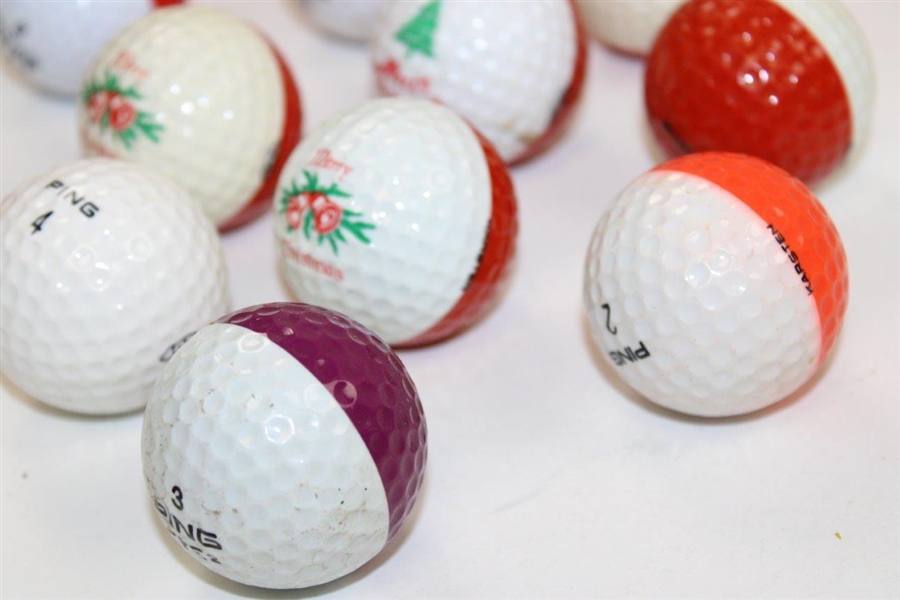 Eleven (11) PING Two-Tone Colored Golf Balls - Red/White/Orange/Purple