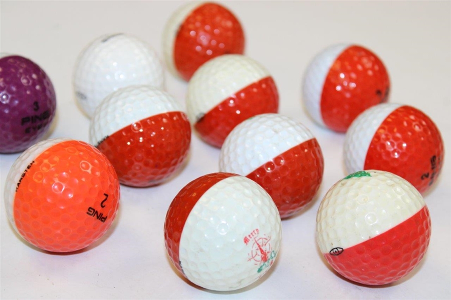 Eleven (11) PING Two-Tone Colored Golf Balls - Red/White/Orange/Purple