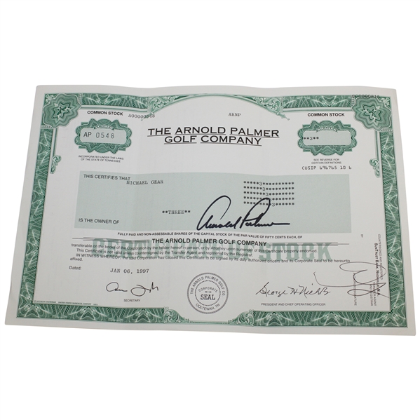 Arnold Palmer Signed 1997 The Arnold Palmer Golf Company AP0548 Stock Certificate JSA ALOA