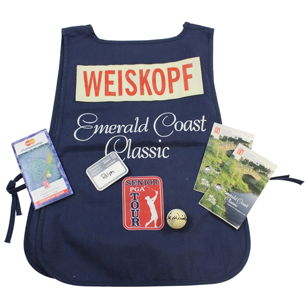 Tom Weiskopf Emerald Coast Classic Caddy Bib w/Signed Ball, Badge, Ydg Books, etc. - Ralph Hackett Collection