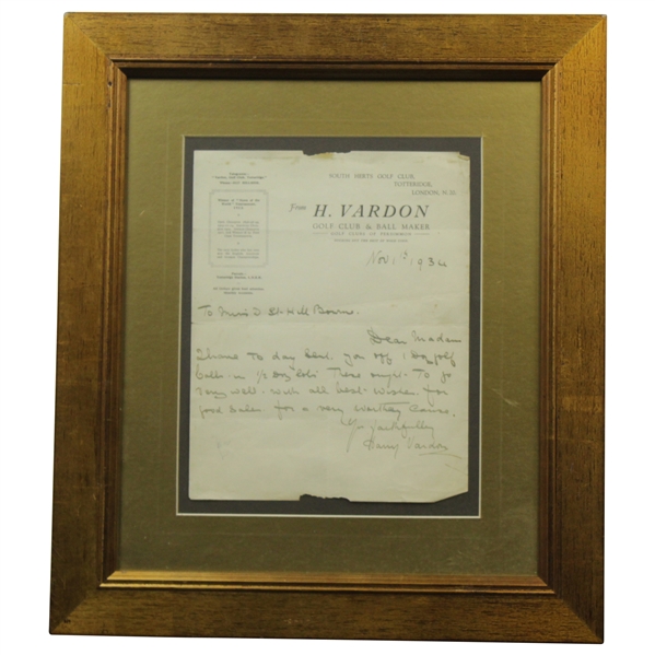 Harry Vardon Signed 1936 Letter on H. Vardon Golf Club & Ball Maker Letterhead - Framed JSA ALOA