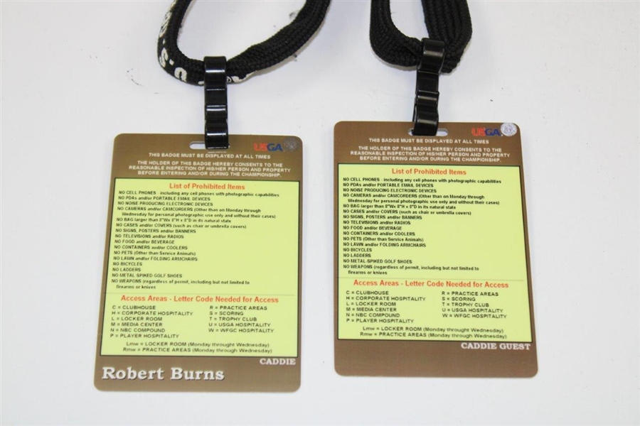Two (2) 2006 US Open at Winged Foot Bob Burns Caddy Badge & Caddy Guest Badge - Bob Burns Collection
