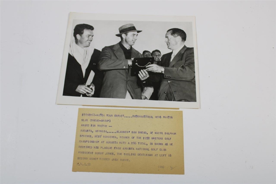 Bobby Jones, Sam Snead & Jack Burke at 1952 Masters Wire Photo