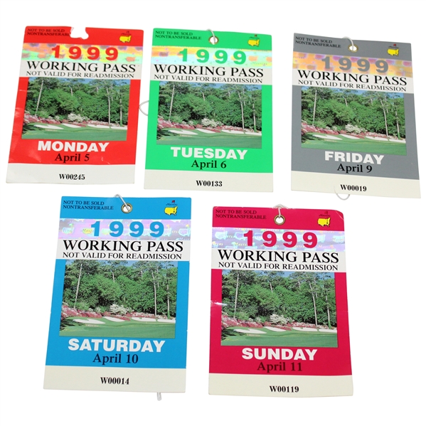 1999 Masters Tournament Working Pass Tickets - Mon & Tues, Friday-Sunday