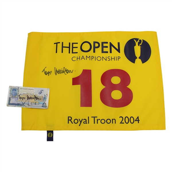 Todd Hamilton Signed 2004 OPEN at Royal Troon Flag with Signed RBS Note JSA ALOA