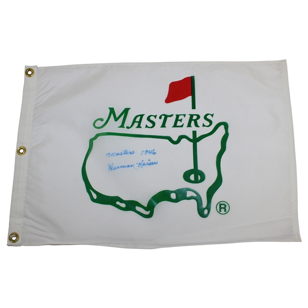 Herman Keiser Signed Early 1990s White Masters Flag with Masters 1946 JSA ALOA