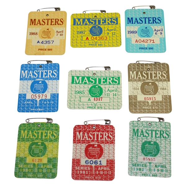 Nine (9) 1980s Masters Tournament SERIES Badges - 1980-1985 & 1987-1989