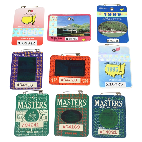 Nine (9) 1990's Masters Tournament SERIES Badges - 1990-1996 & 1998-1999