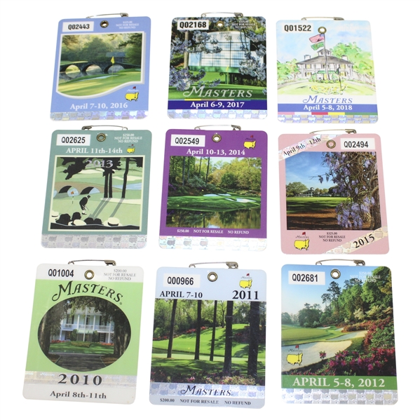 Nine (9) 2010's Masters Tournament SERIES Badges - 2010-2018 Phil & Jordan +