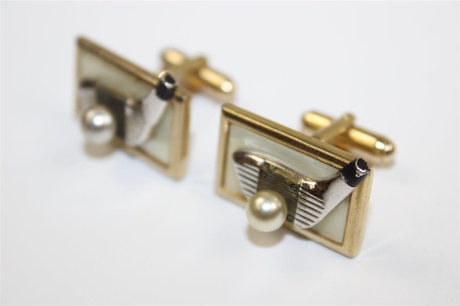 Pair of Golf Club with Pearl Ball Themed Rectangle Shaped Cuff Links