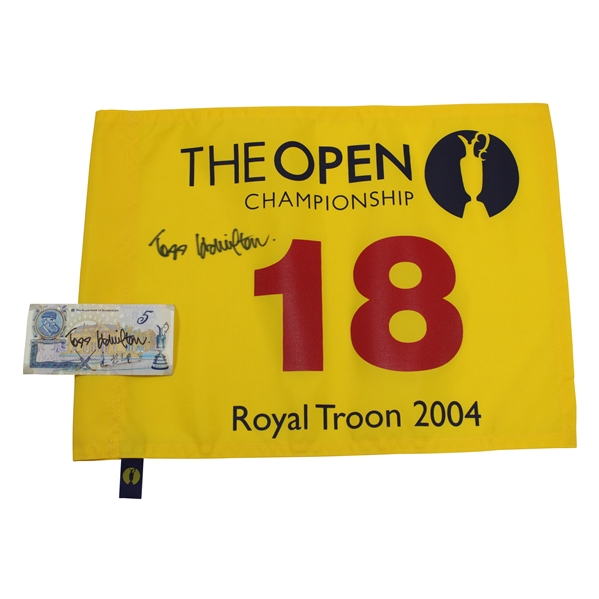 Todd Hamilton Signed 2004 OPEN at Royal Troon Flag with Signed RBS Note JSA ALOA