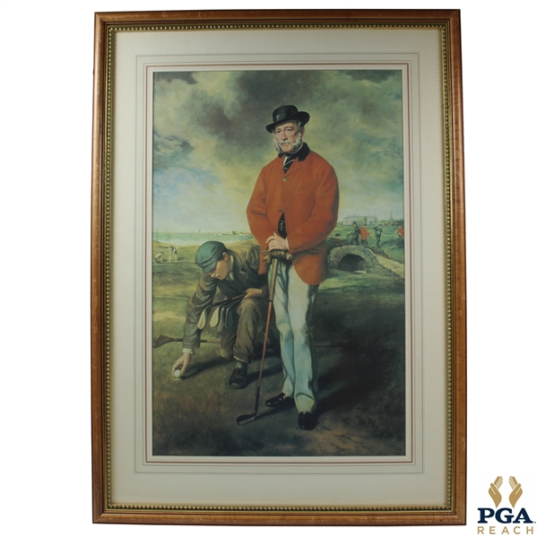 Red Coat Golfer w/Caddie In Front Of Swilken Bridge Print - Framed