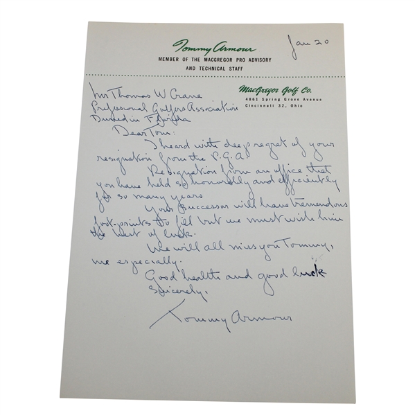 Tommy Armour Signed Letter to PGA Ex. Dir. Tom Crane on Pers. Letterhead - 1/20 JSA ALOA