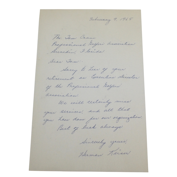 Herman Keiser Signed Letter to PGA Ex. Dir. Tom Crane on Pers. Letterhead - 2/9/1965 JSA ALOA