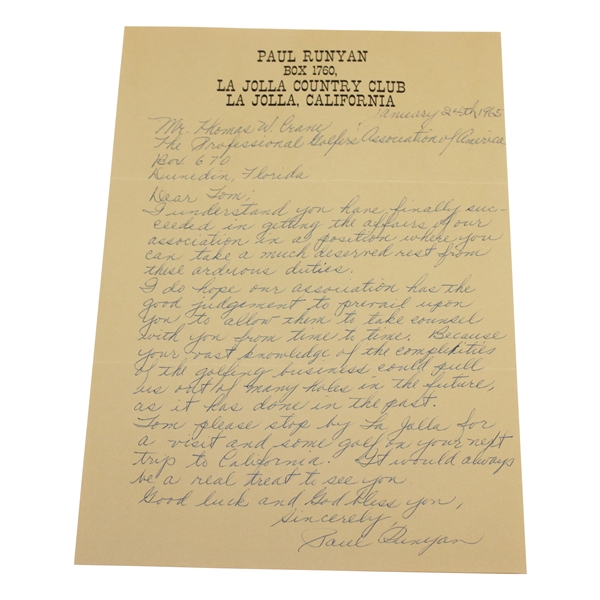 Paul Runyan Signed Letter to PGA Ex. Dir. Tom Crane on Pers. Letterhead - 1/24/1965 JSA ALOA