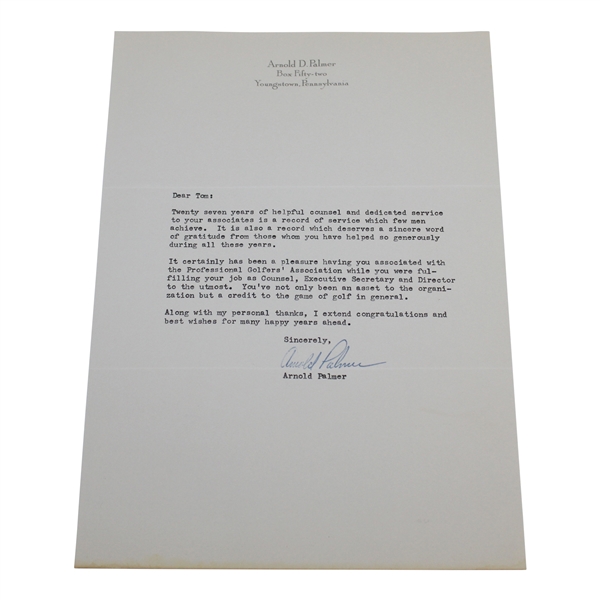 Arnold Palmer Signed Letter to PGA Ex. Dir. Tom Crane on Pers. Letterhead - JSA ALOA