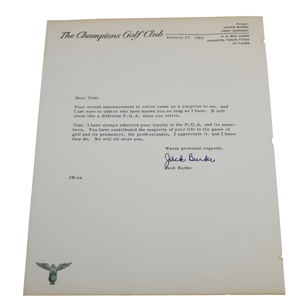 Jack Burke Letter to PGA Ex. Dir. Tom Crane on Pers. Letterhead - 1/27/1965