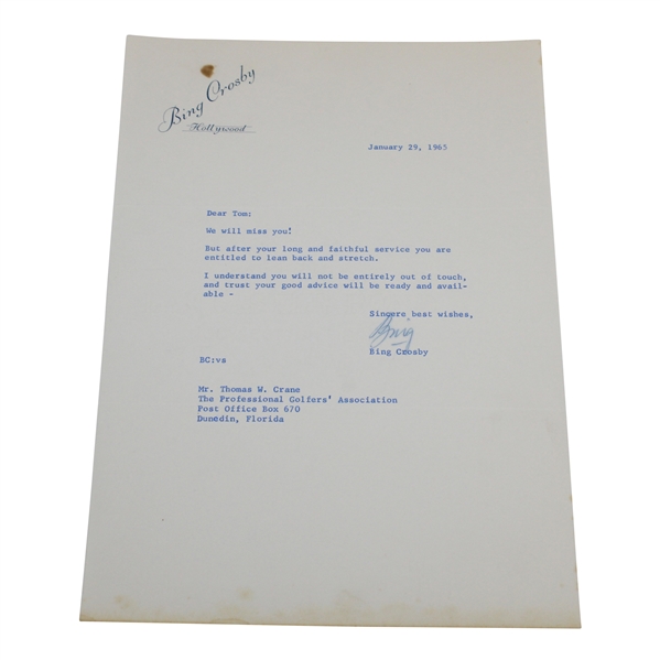 Bing Crosby Signed Letter to PGA Ex. Dir. Tom Crane on Pers. Letterhead - 1/29/1965 JSA ALOA