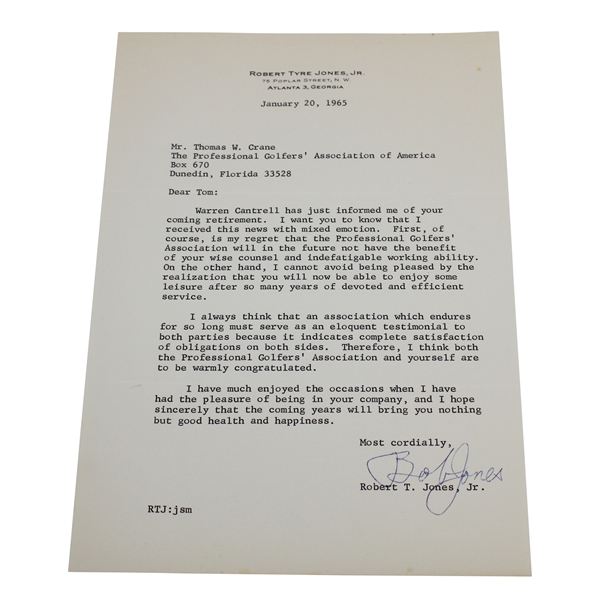 Robert T. Jones Jr. Signed Letter to PGA Ex. Dir. Tom Crane on Pers. Letterhead - 1/20/1965 JSA ALOA