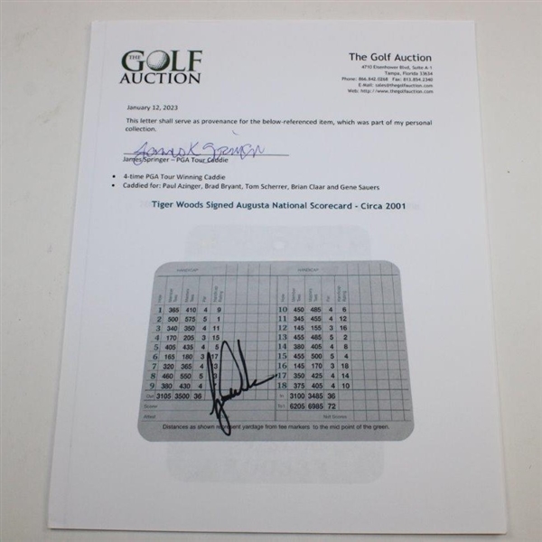 Tiger Woods Signed Augusta National Scorecard - Circa 2001 JSA Full #YY12127