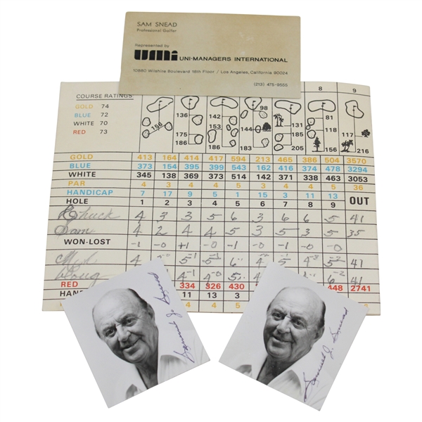 Sam Snead's Personal Pine Tree GC Used Scorecard w/Business Card & Two Signed Photos JSA ALOA