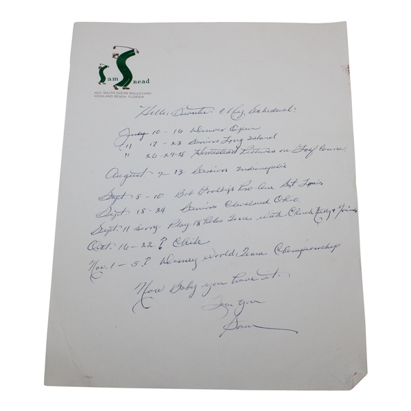 Sam Snead Signed Handwritten Schedule on Personal Letterhead JSA ALOA