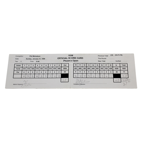 Phil Mickelson Scorecard From 1999 Phoenix Open Final Round Tommy Tolles Marker