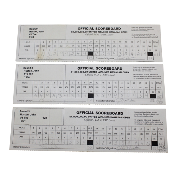 Record Breaking John Huston Scorecards From 1998 United Airlines Hawaiian Open Win - 3 Rounds