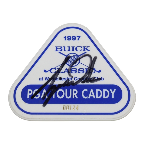 Tiger Woods Signed 1997 Buick Classic PGA Tour Caddy Badge #00124 - From Tiger's Caddy JSA ALOA