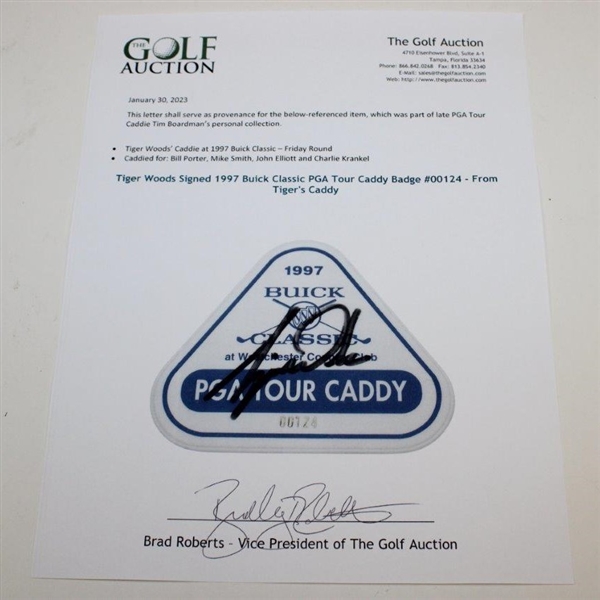 Tiger Woods Signed 1997 Buick Classic PGA Tour Caddy Badge #00124 - From Tiger's Caddy JSA ALOA