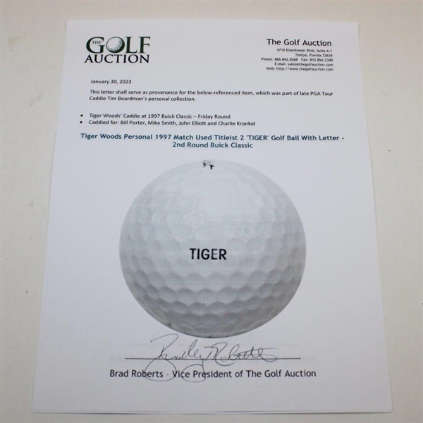 Tiger Woods Personal 1997 Match Used Titleist 2 'TIGER' Golf Ball With Letter - 2nd Round Buick Classic