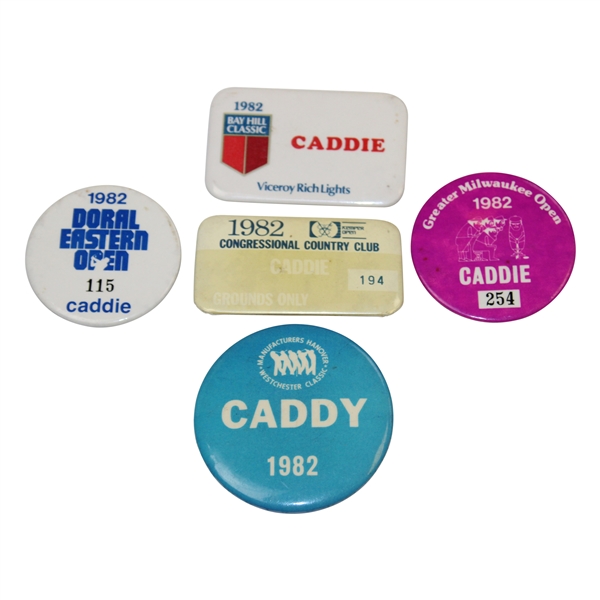 Five (5) 1982 Official Caddy Badges - Eastern, Greater Milwaukee, Bay Hill & others