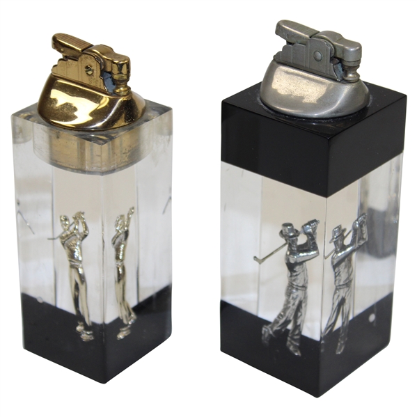 Pair Of Vintage Acrylic Golfer Themed Table Lighters