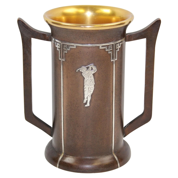 Large Sterling On Bronze Art Deco Trimmed Two Handled Golf Trophy   